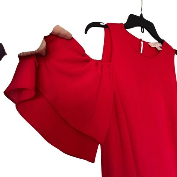 Michael Kors Women's Red Cold Shoulder Ruffle Dress Size M Petites - Picture 3 of 8